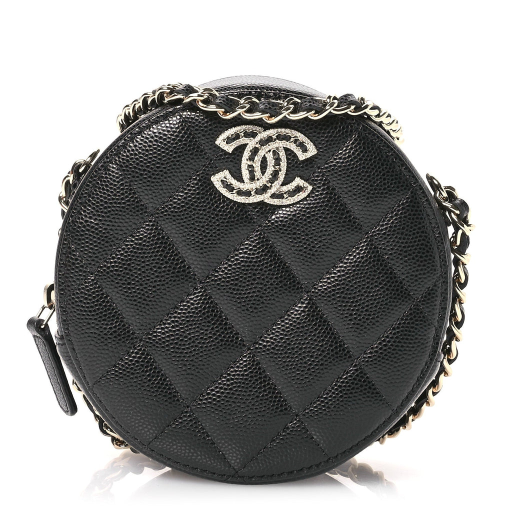 Caviar Quilted Crystal CC Round Clutch With Chain Black