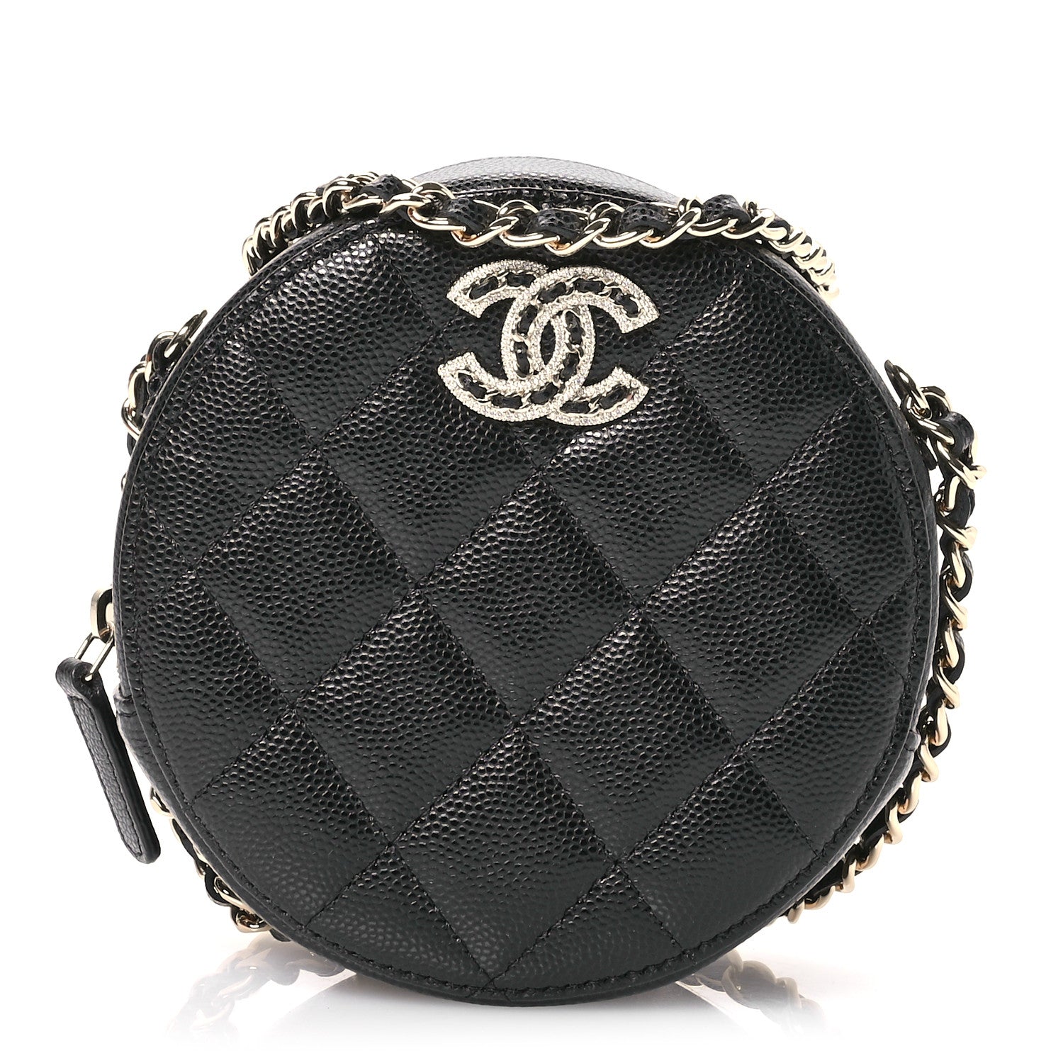 Caviar Quilted Crystal CC Round Clutch With Chain Black