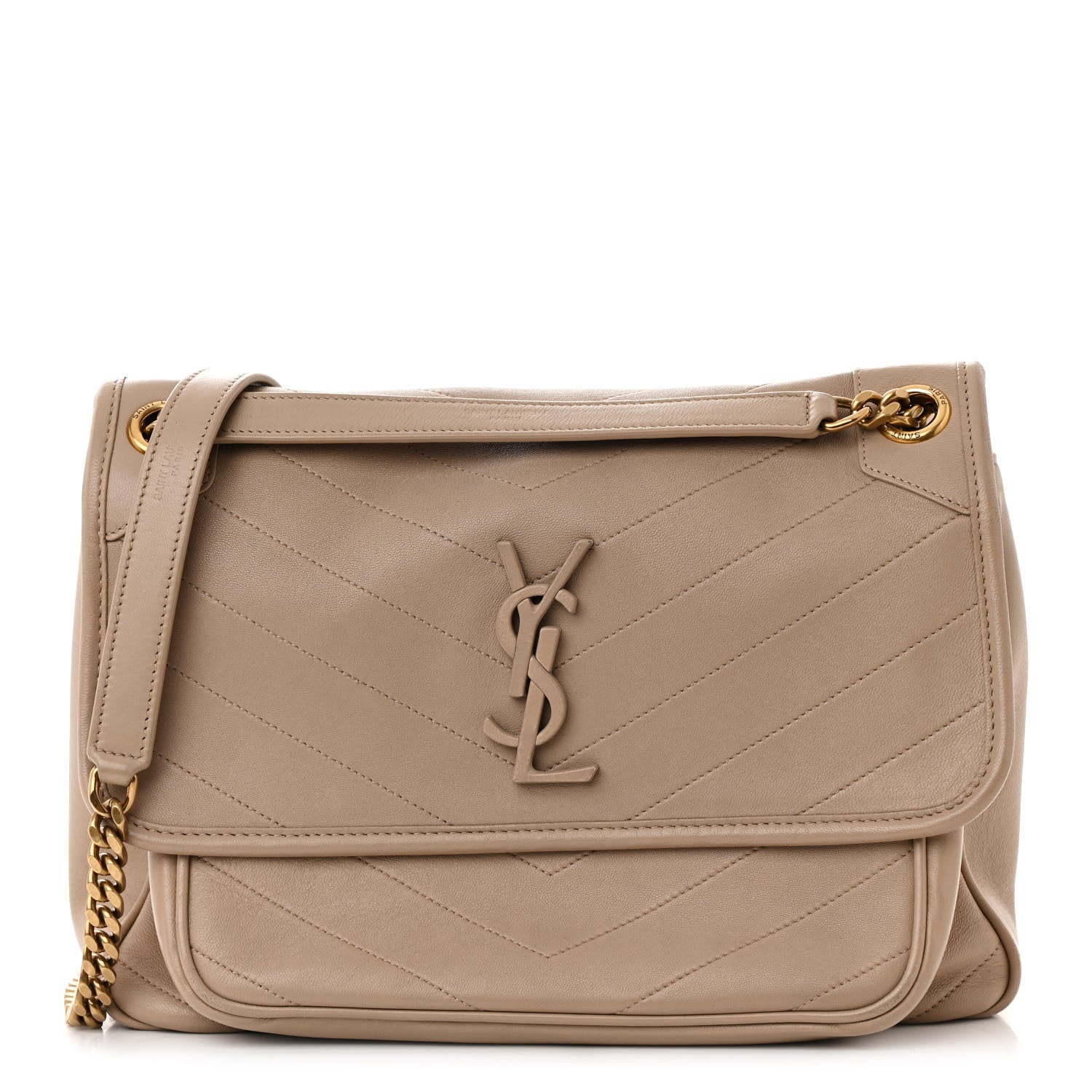 Lambskin Matelasse Monogram Medium Niki Chain Satchel  Dark Beige