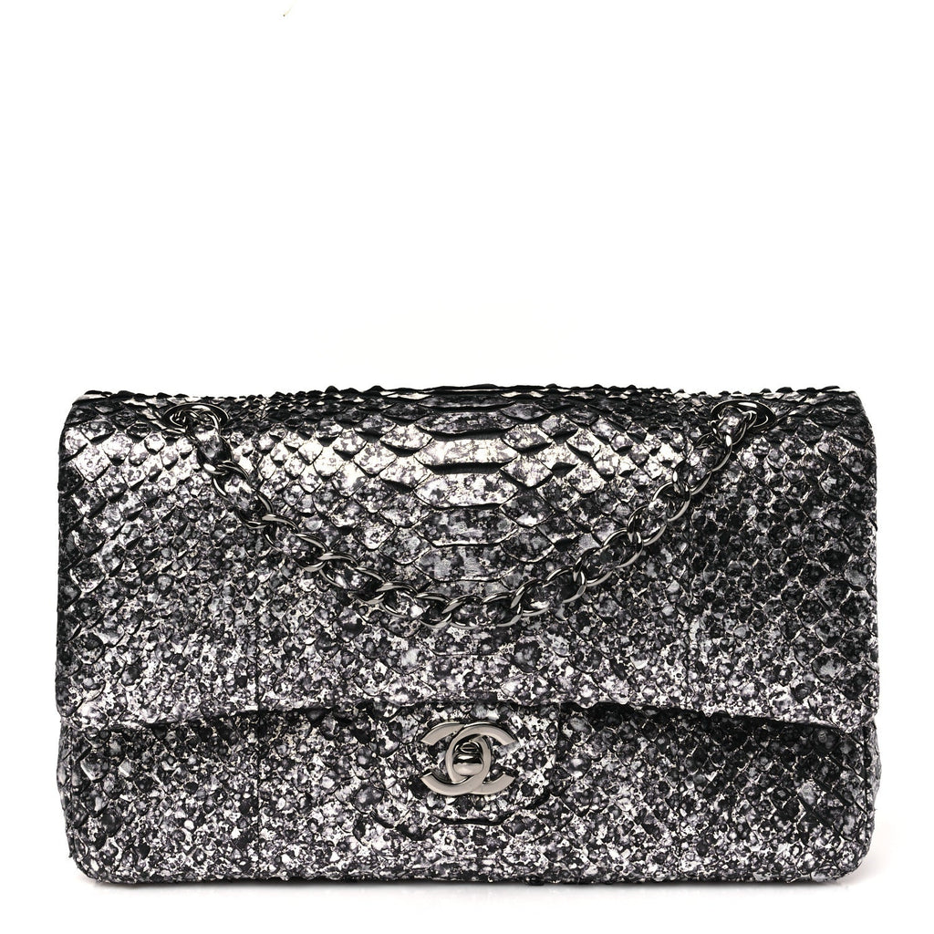 Metallic Snakeskin Medium Double Flap Black Silver