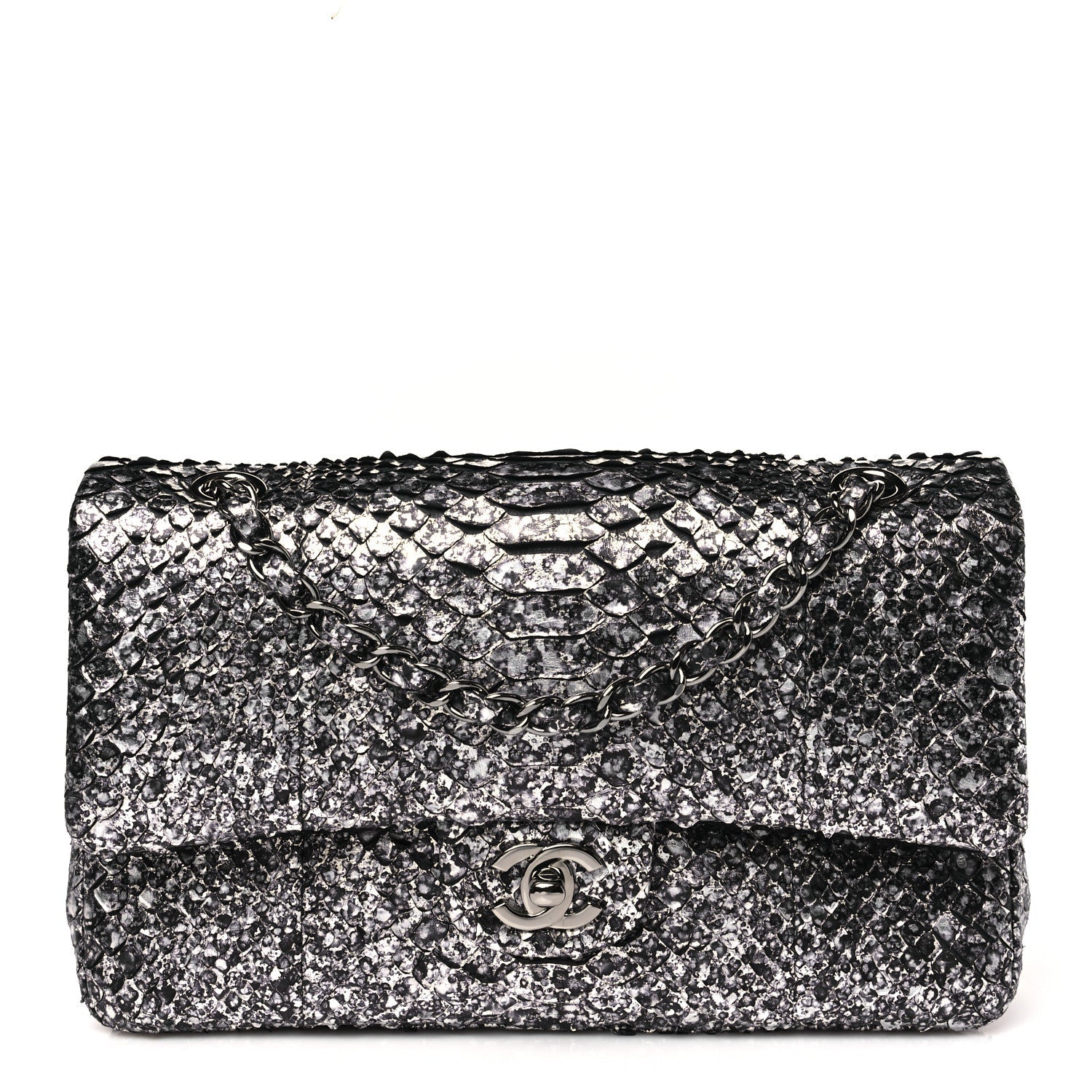 Metallic Snakeskin Medium Double Flap Black Silver
