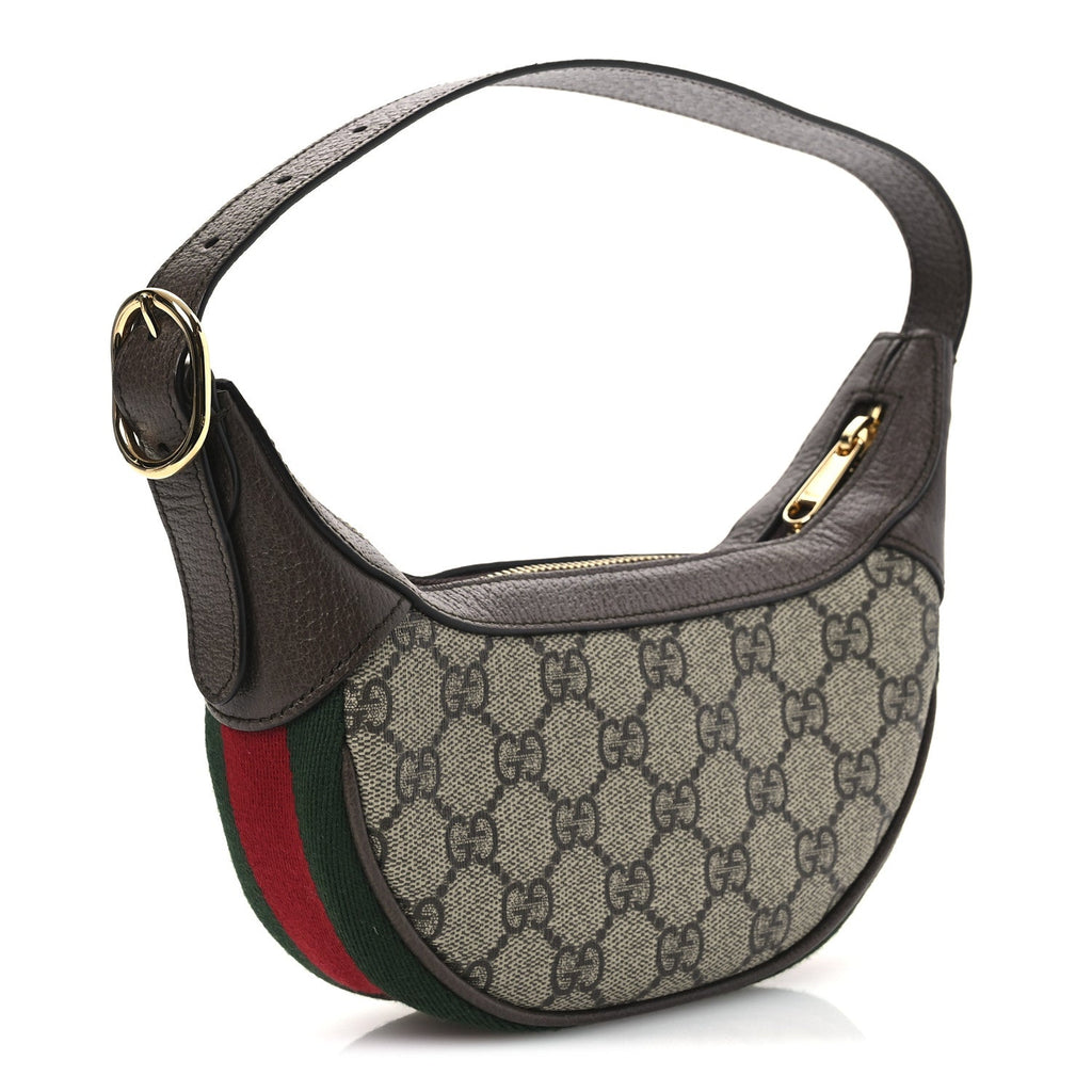 GG Supreme Monogram Textured Calfskin Web Mini Ophidia Half Moon Hobo Beige Ebony New Acero