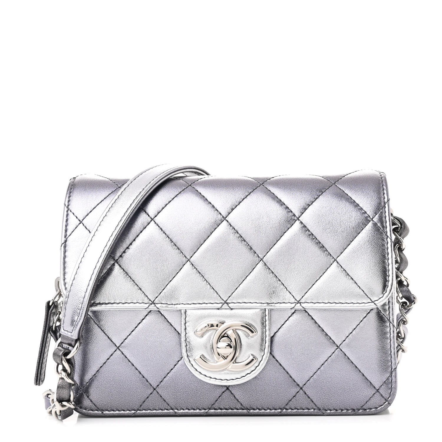 Metallic Lambskin Like A Wallet Flap Silvery Black