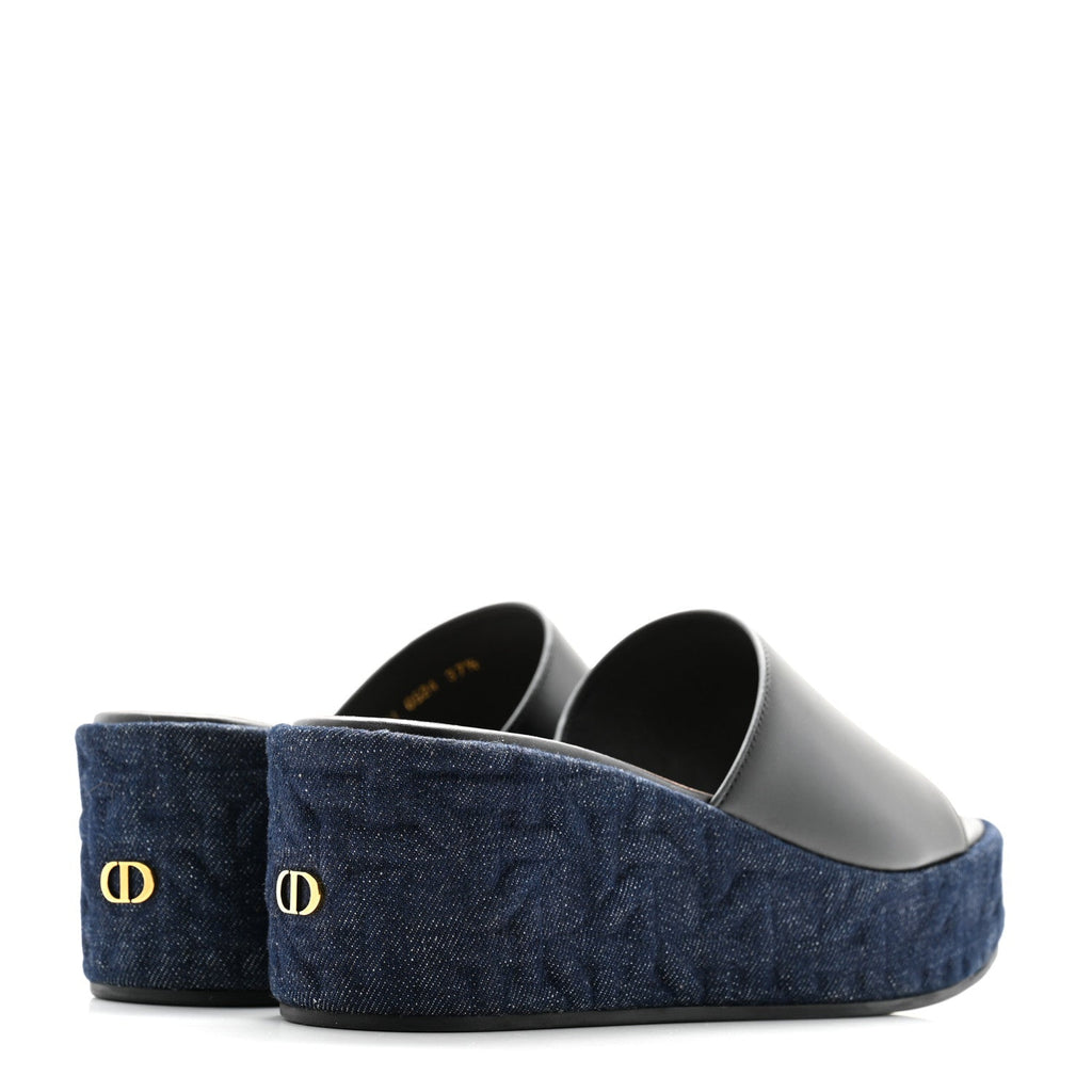 Denim Calfskin Graphic Cannage Attitude Dior Wedge Slide 37.5 Blue