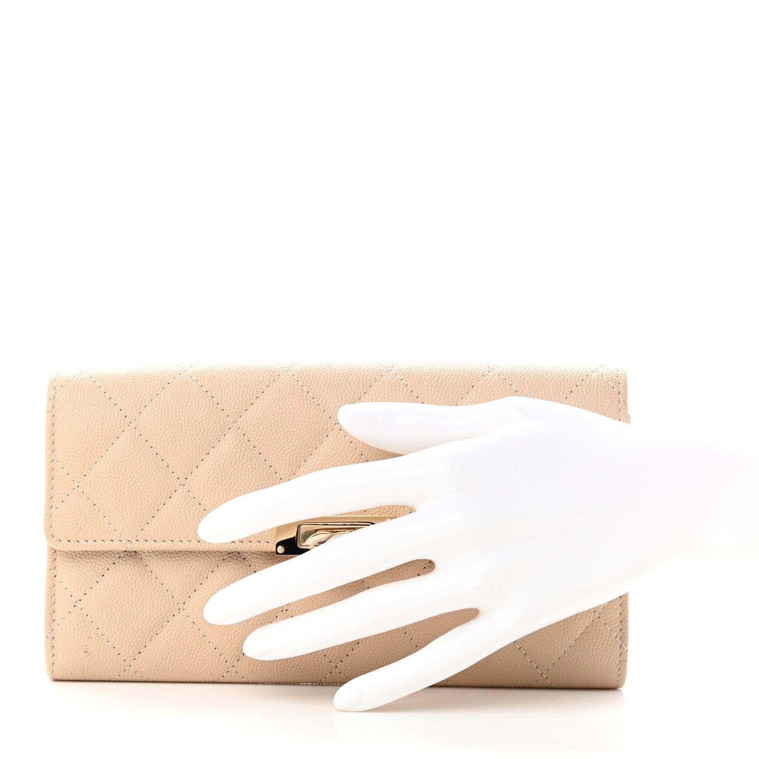 Caviar Quilted Large Golden Class Gusset Flap Wallet Beige