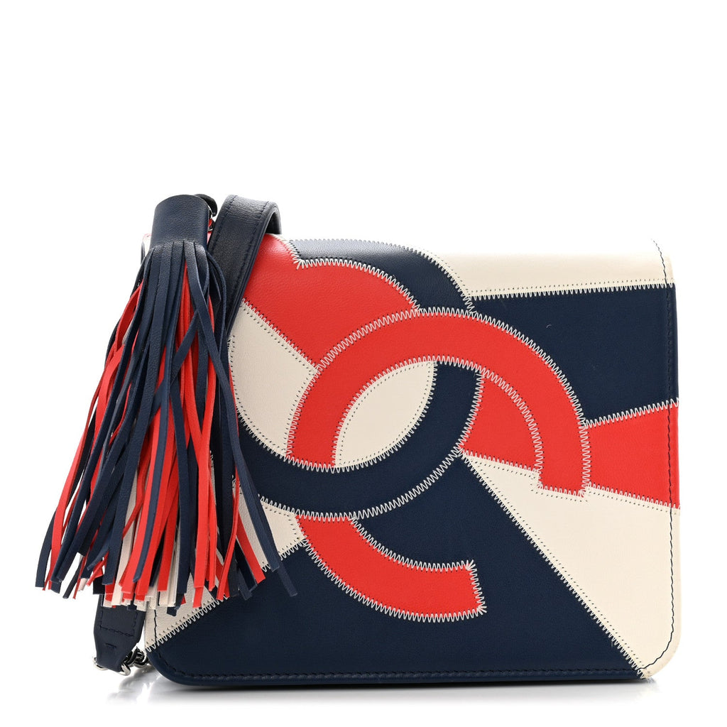 Lambskin Patchwork CC Tassel Crossbody Bag White Blue Red