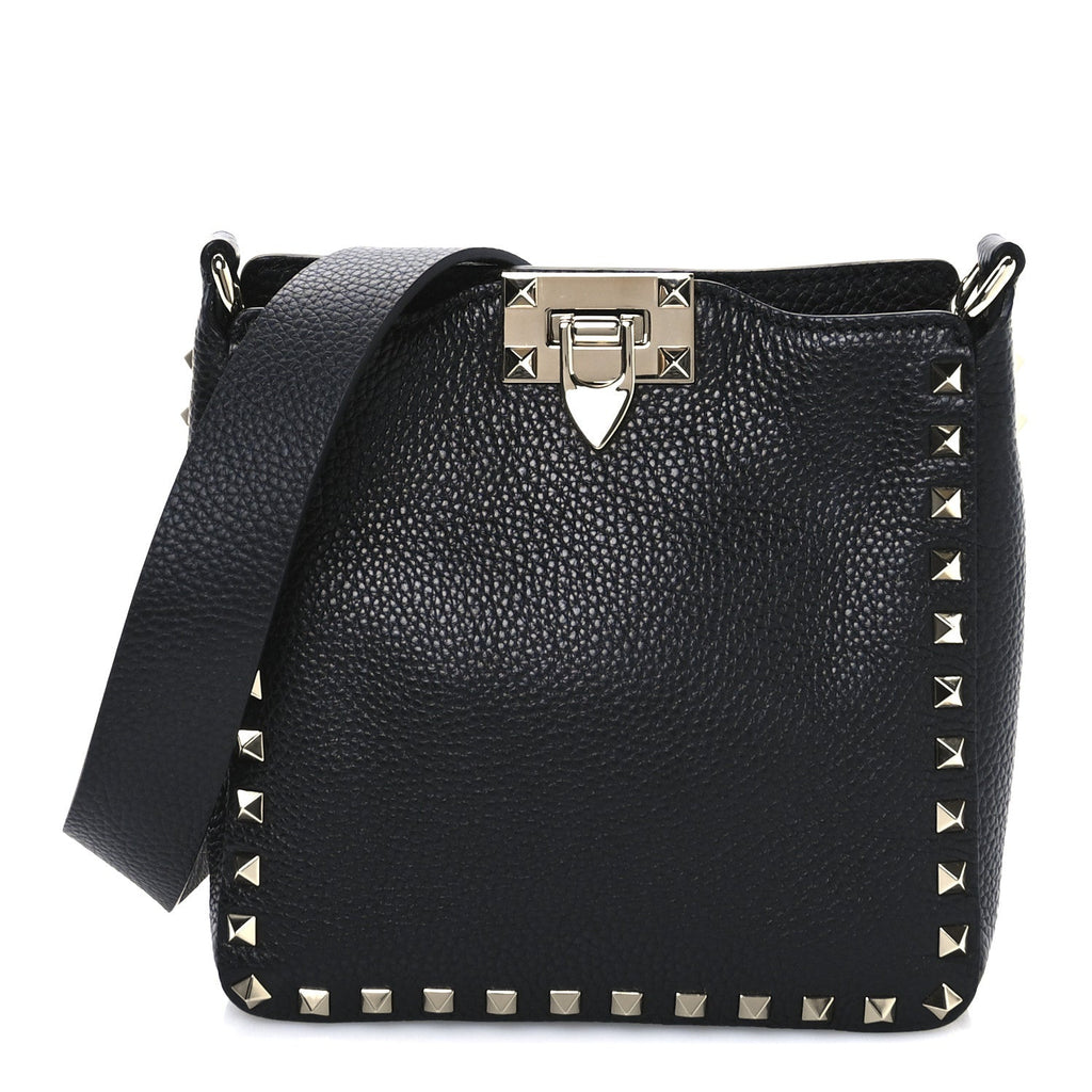 Pebbled Calfskin Mini Rockstud Flip-Lock Messenger Bag Black