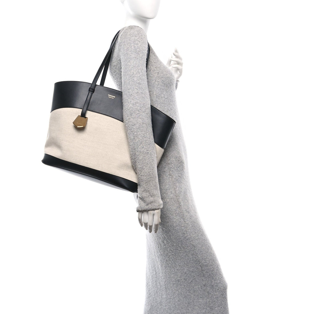Canvas Calfskin Medium Charming Tote Natural Black