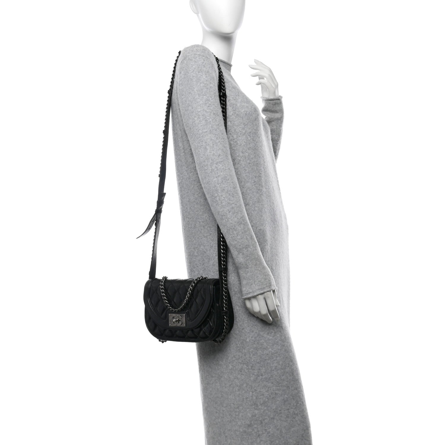 Shiny Goatskin Quilted Small Double Chained Messenger Flap Black
