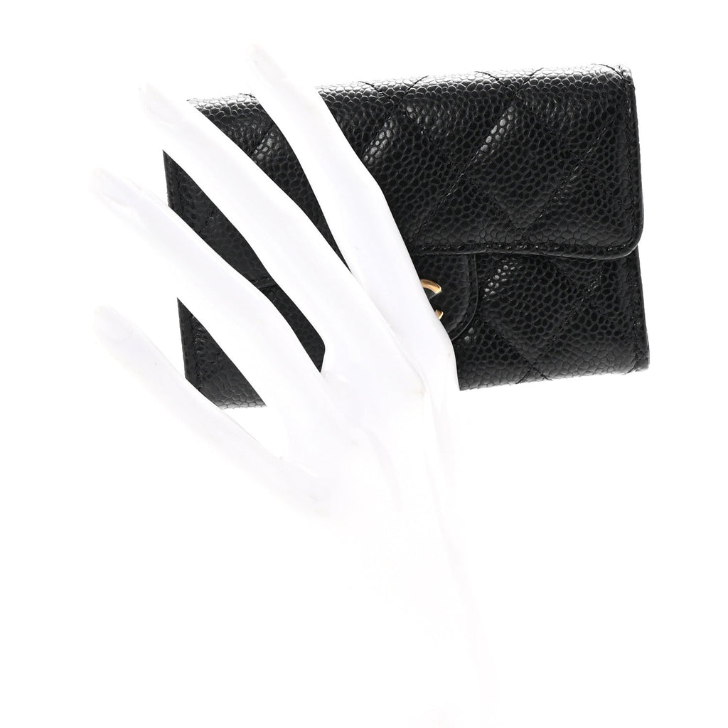 Caviar Quilted Flap  Holder Wallet Black