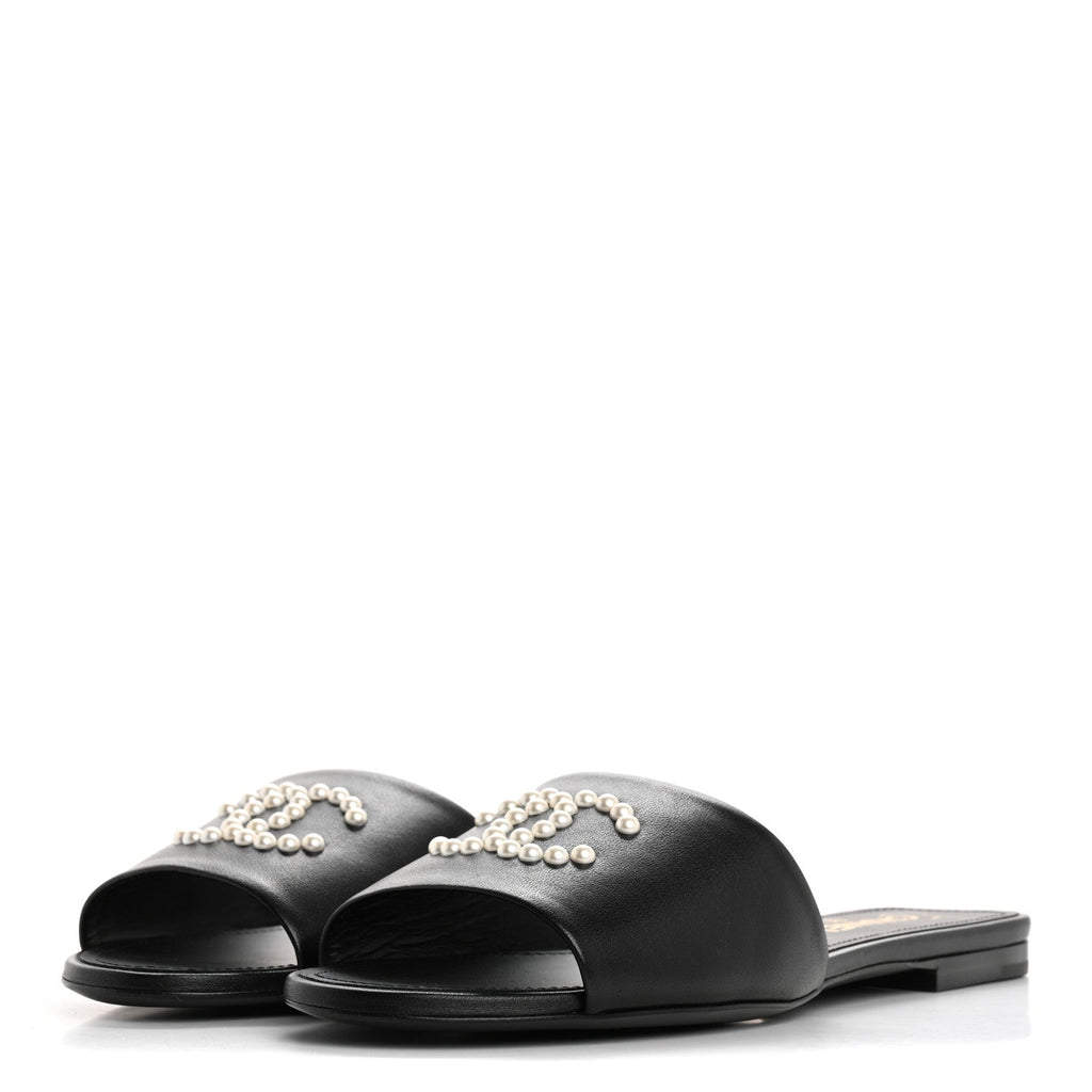 Lambskin Pearl CC Sandals 40.5 Black