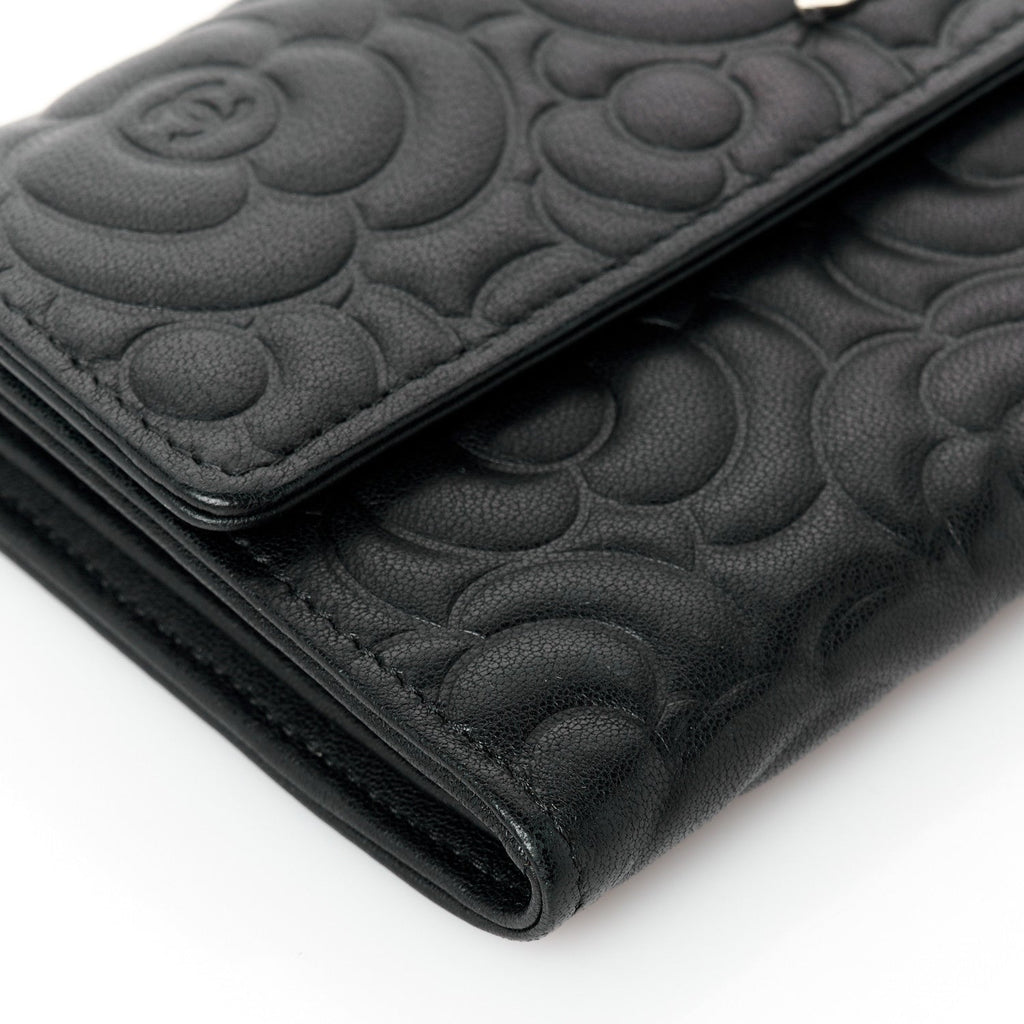 Lambskin Embossed Camellia Large Gusset Flap Wallet Black