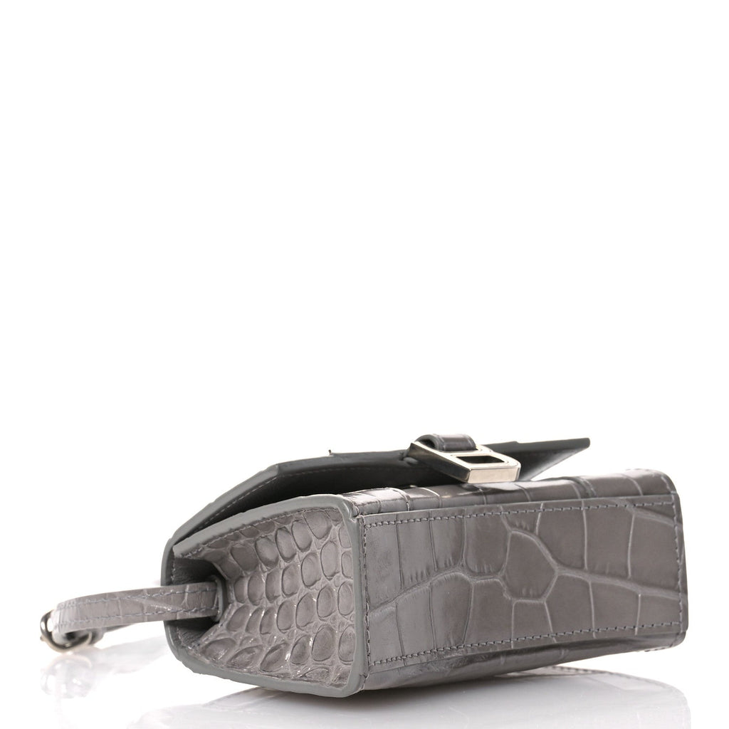 Shiny Calfskin Crocodile Embossed Hourglass Top Handle Bag Mini Steel Grey