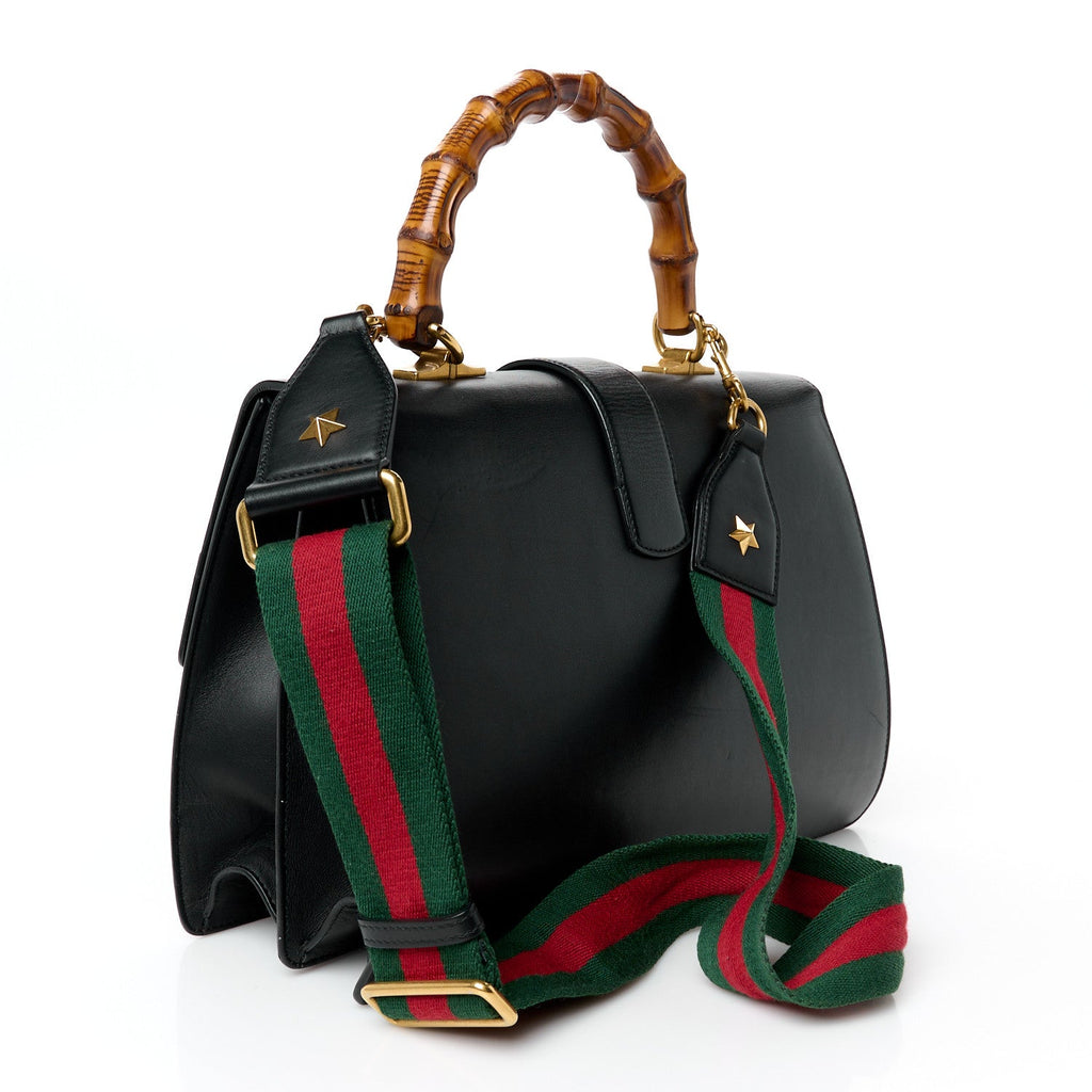 Calfskin Bamboo Web Large Dionysus Top Handle Bag Black Bright Evergreen Hibiscus Red