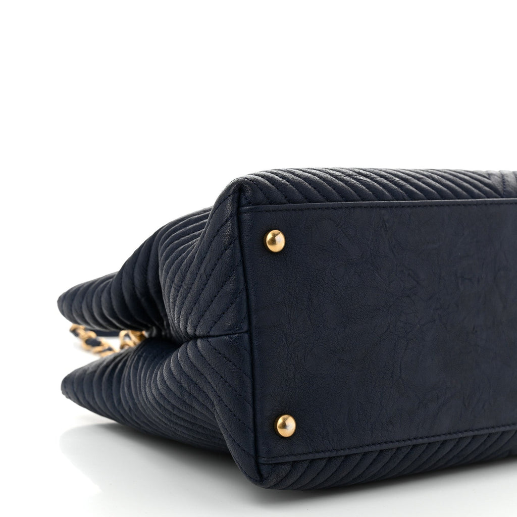 Wrinkled Lambskin Chevron Quilted Surpique Tote Navy Blue