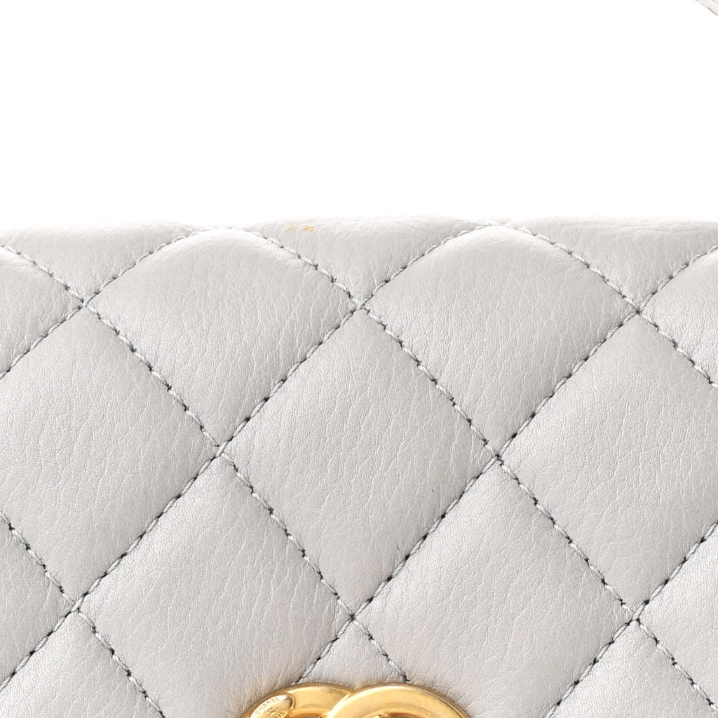 Calfskin Quilted Top Handle Flap Light Grey