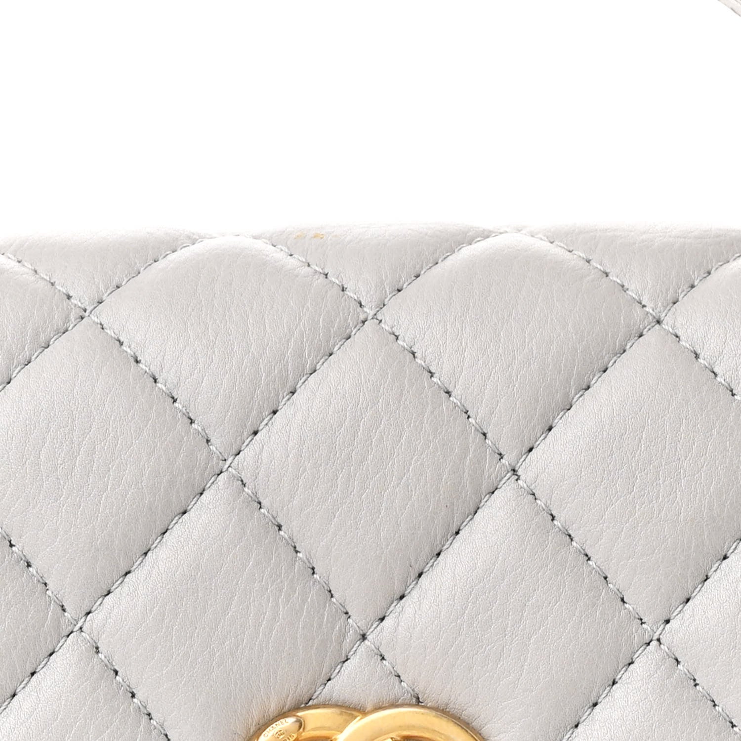 Calfskin Quilted Top Handle Flap Light Grey