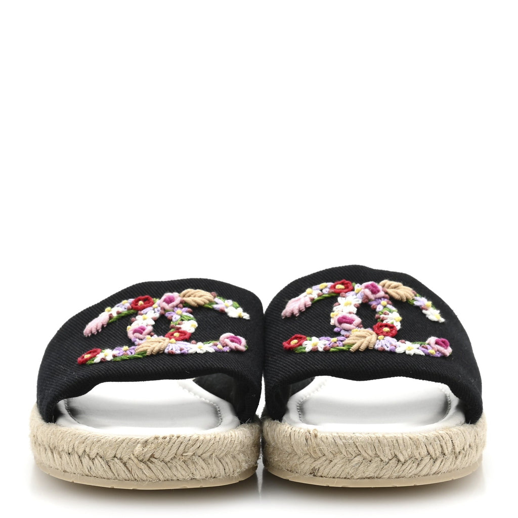 Canvas Embroidered CC Floral Espadrille Slip On Sandals 37 Black Multicolor