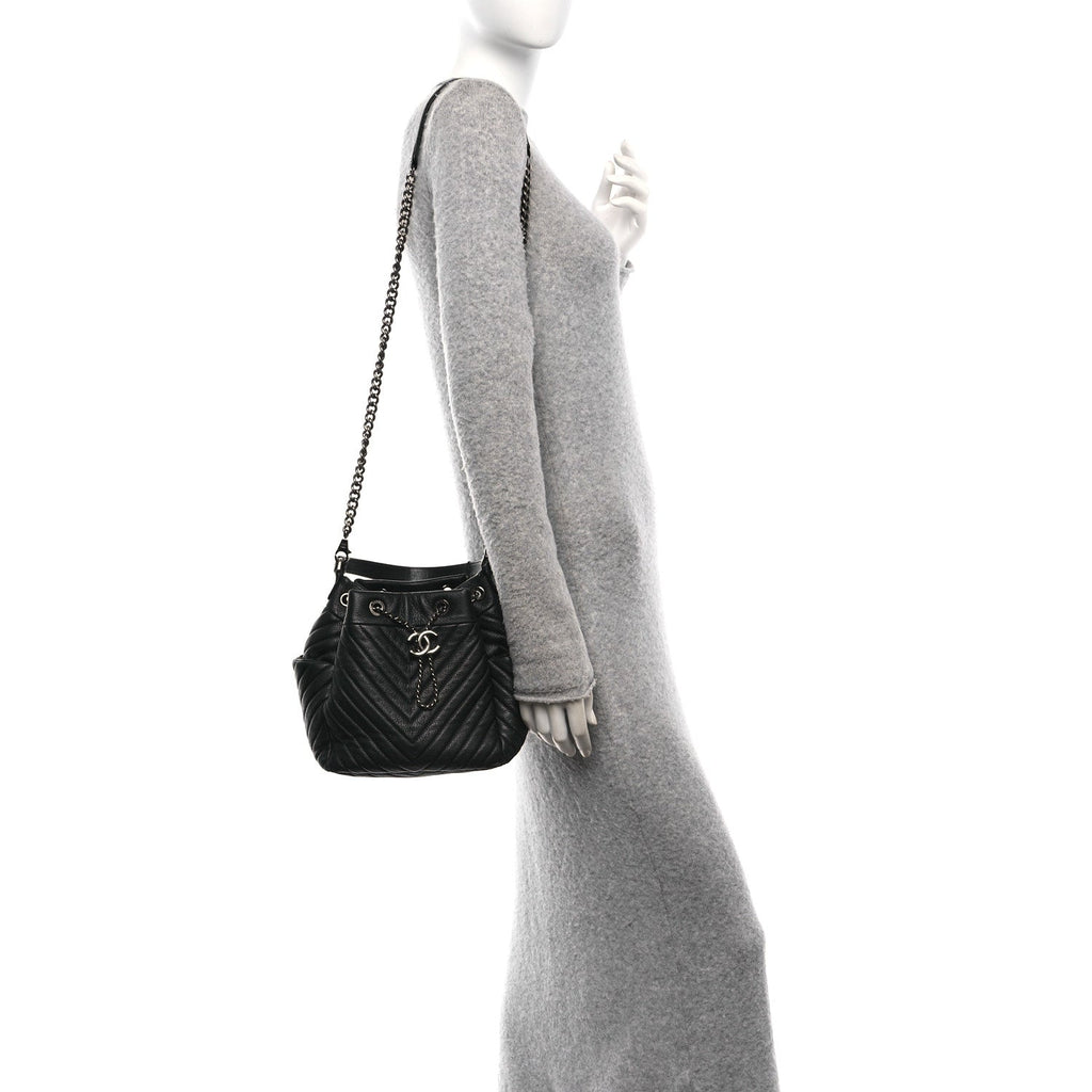 Deerskin Chevron Small CC Chain Bucket Bag Black