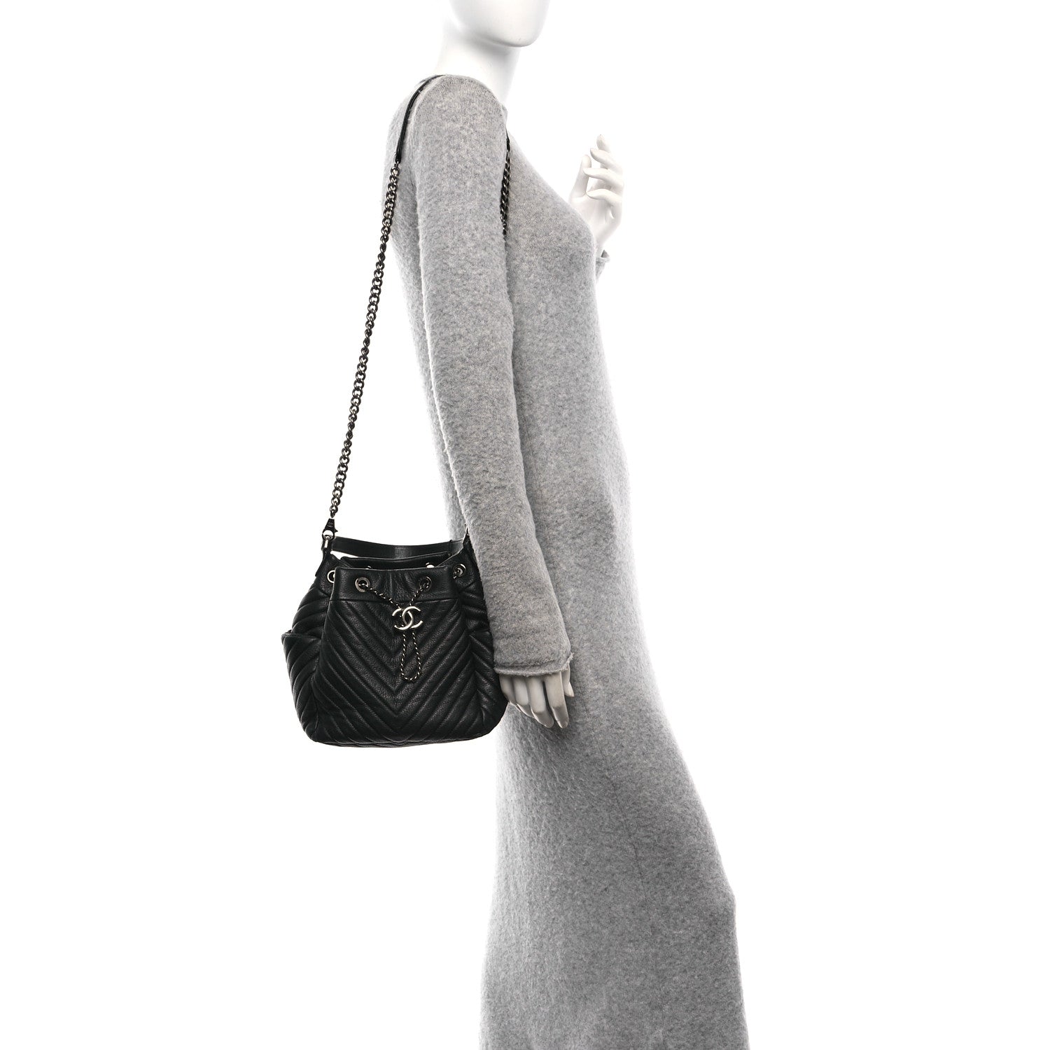 Deerskin Chevron Small CC Chain Bucket Bag Black