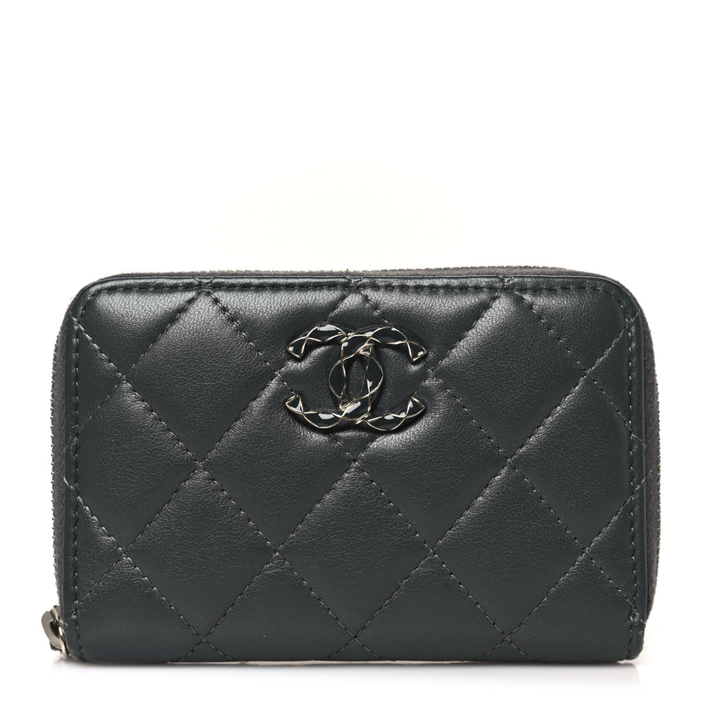 Lambskin Enamel Quilted Zip Around Coin Purse Wallet Grey