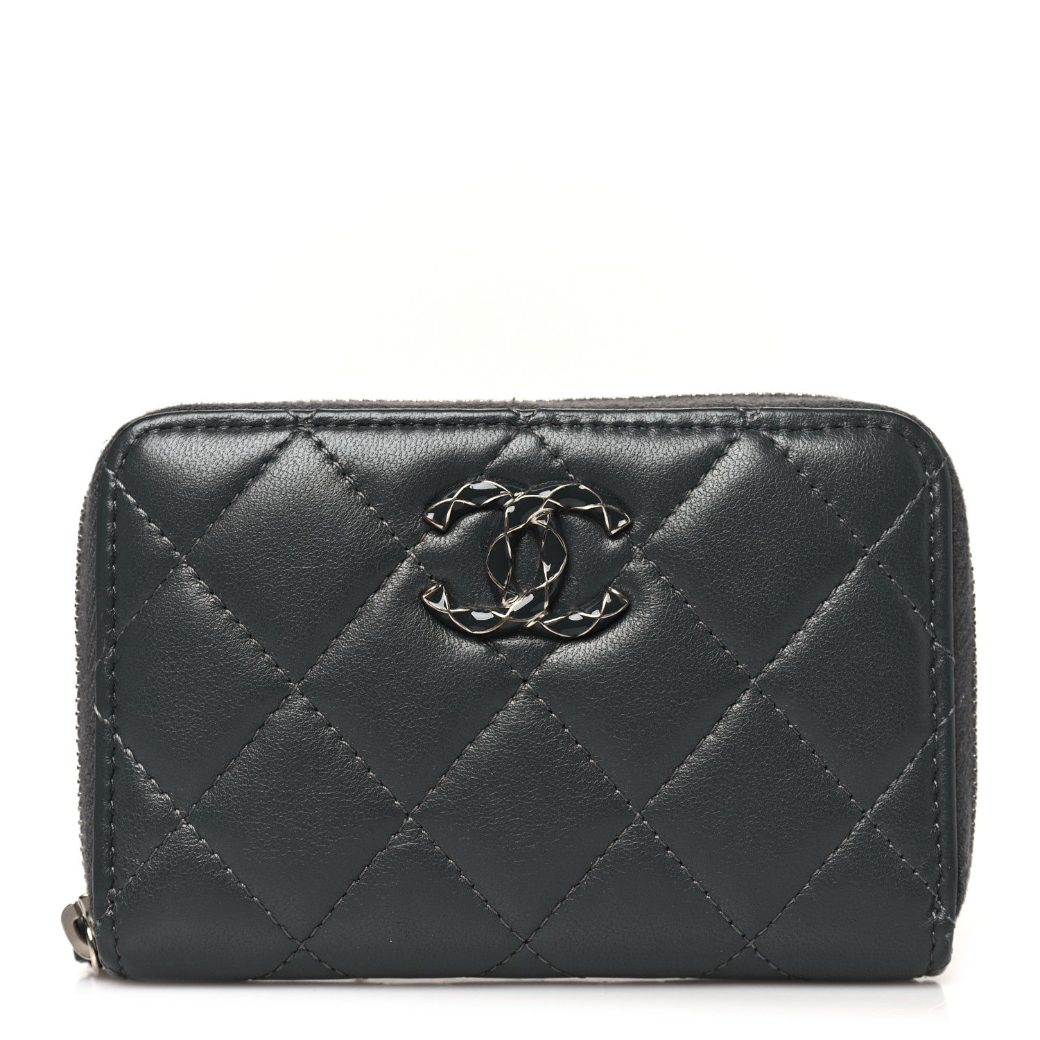 Lambskin Enamel Quilted Zip Around Coin Purse Wallet Grey