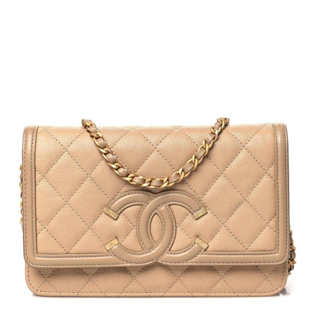Caviar Quilted CC Filigree Wallet On Chain WOC Beige