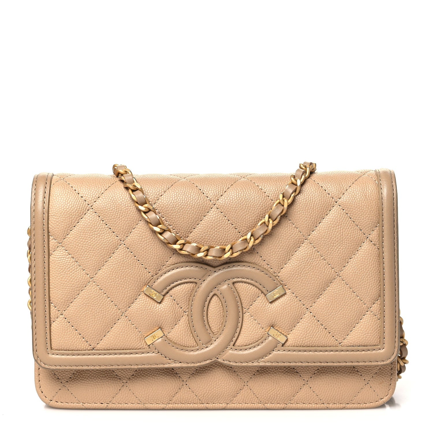 Caviar Quilted CC Filigree Wallet On Chain WOC Beige