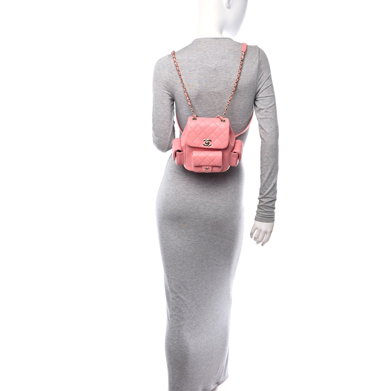 Shiny Caviar Quilted Small Pockets Drawstring Backpack Pink