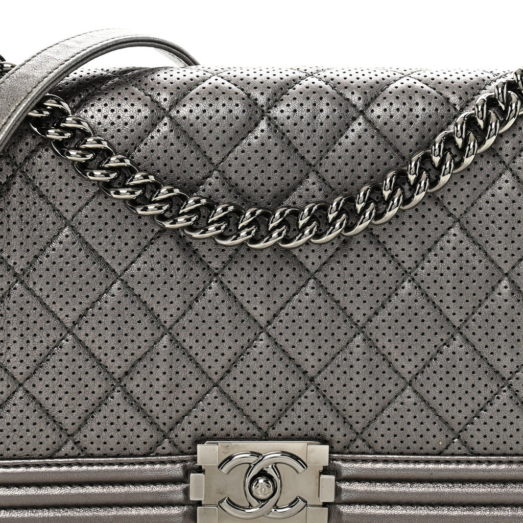 Metallic Lambskin Perforated New Medium Boy Flap Dark Silver