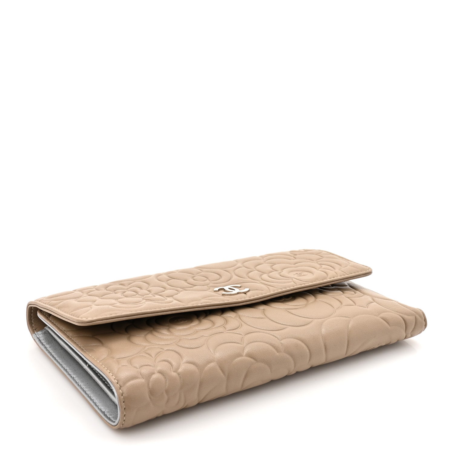 Lambskin Camellia Embossed Large Flap Wallet Gold