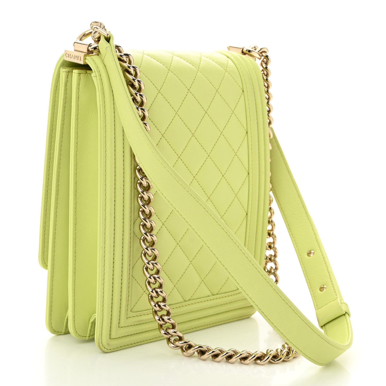 Calfskin Quilted North South Boy Flap Light Green