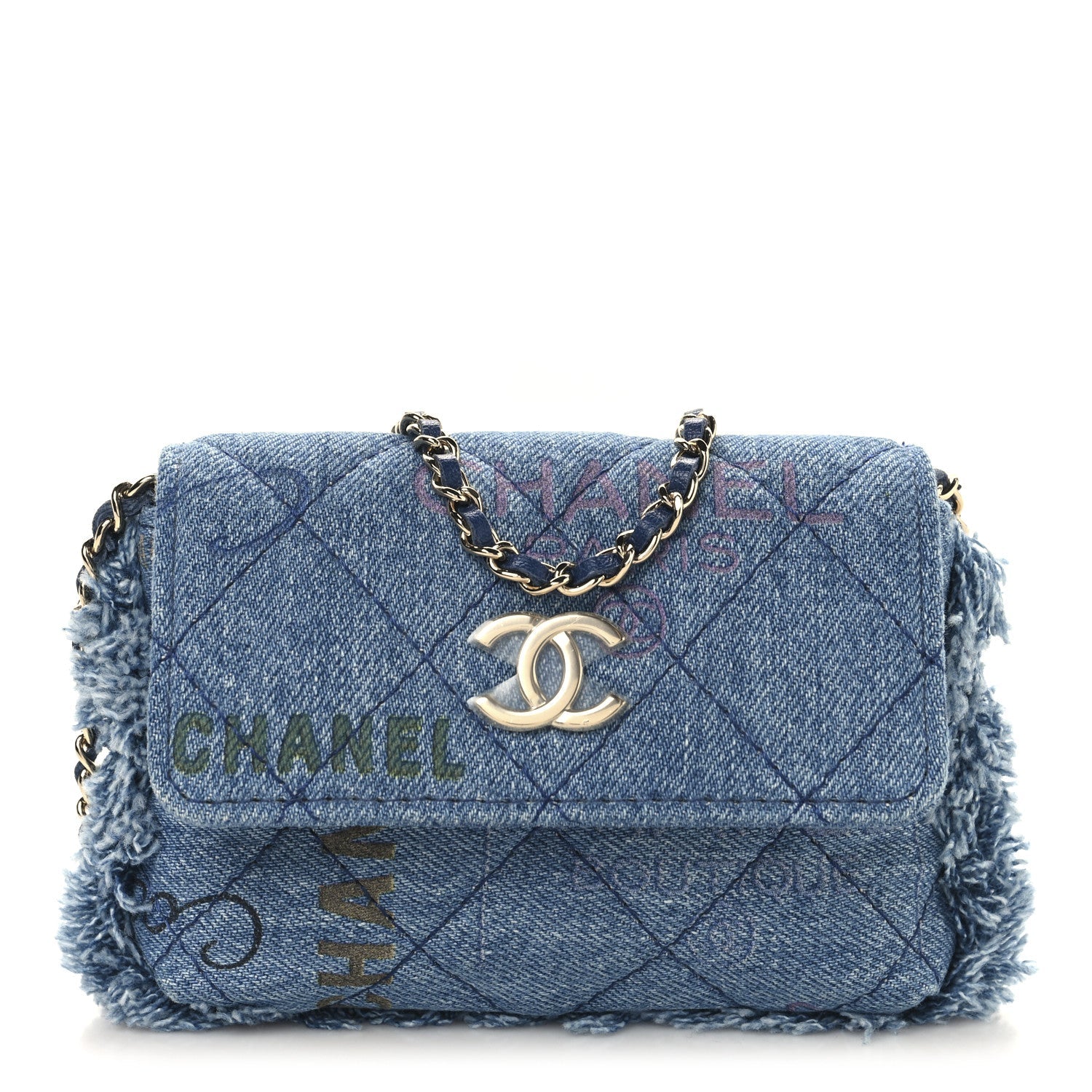 Denim Quilted Denim Mood Clutch With Chain Blue Multicolor