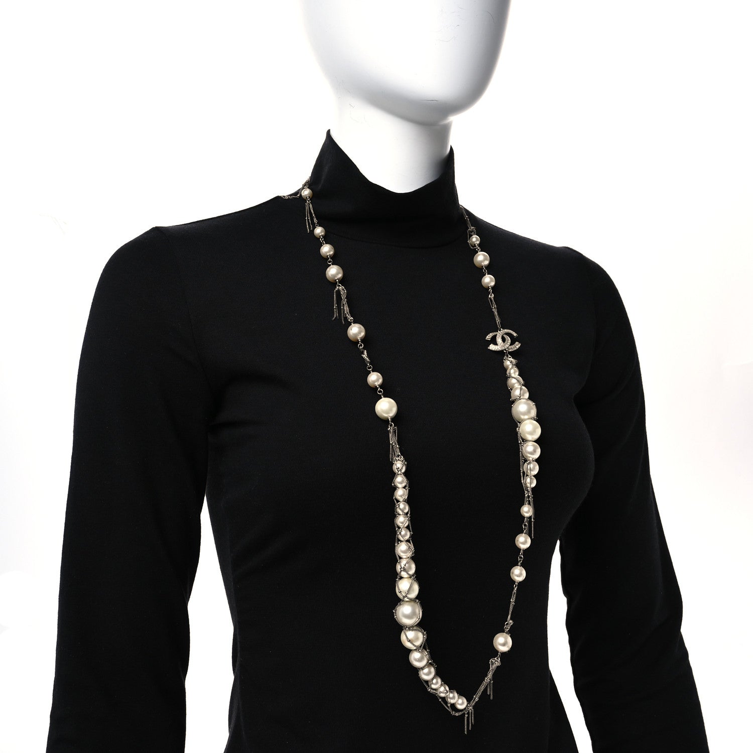 Crystal Pearl Multi Strand Chain CC Long Necklace Silver