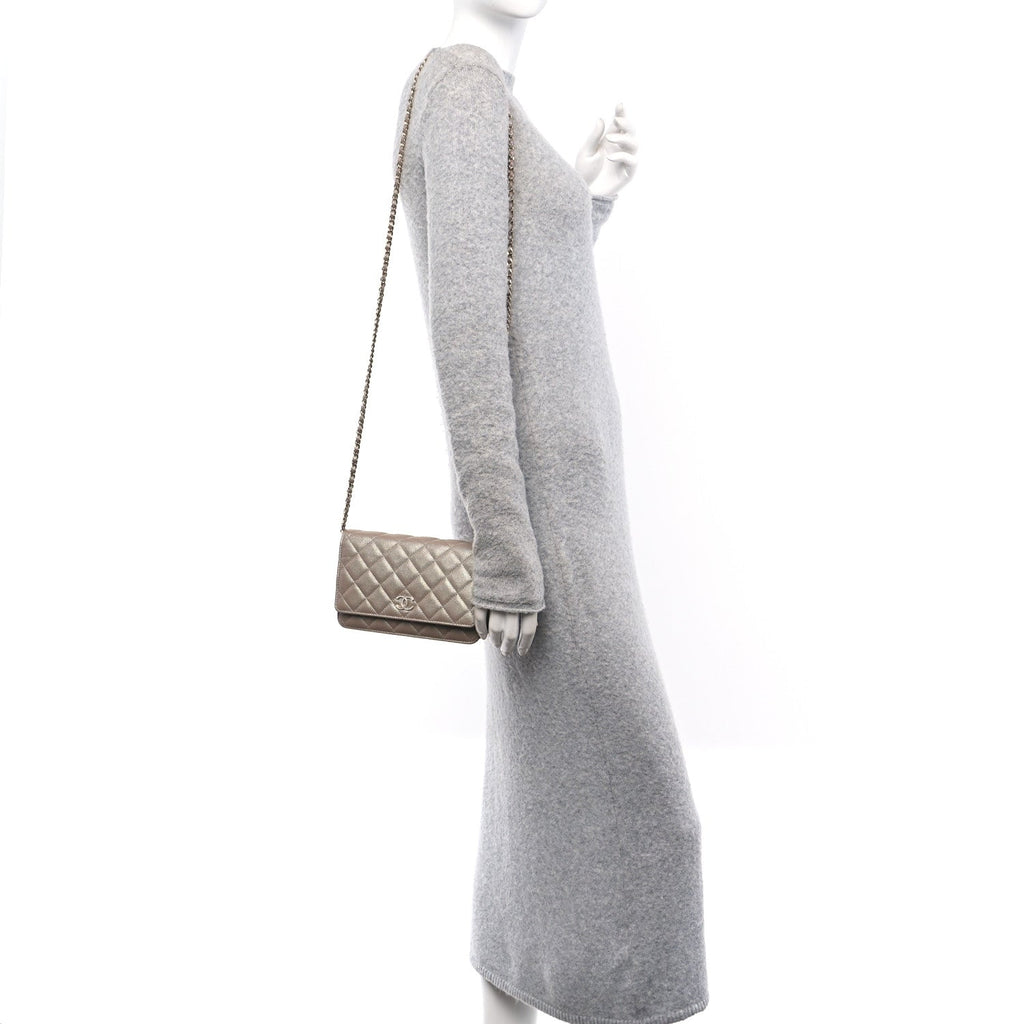 Iridescent Caviar Quilted Wallet on Chain WOC Beige