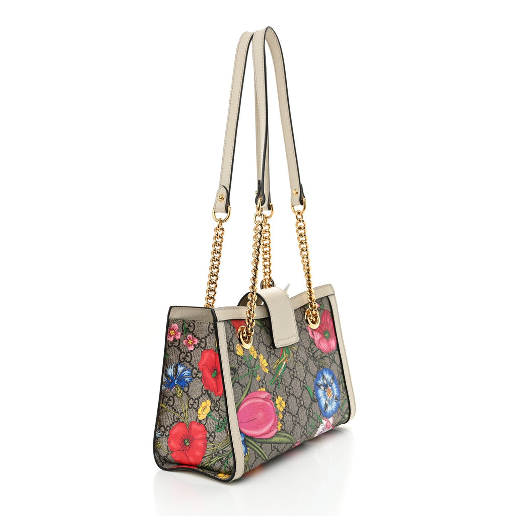 GG Supreme Monogram Flora Textured Calfskin Small Padlock Tote Beige Ebony Multicolor Mystic White