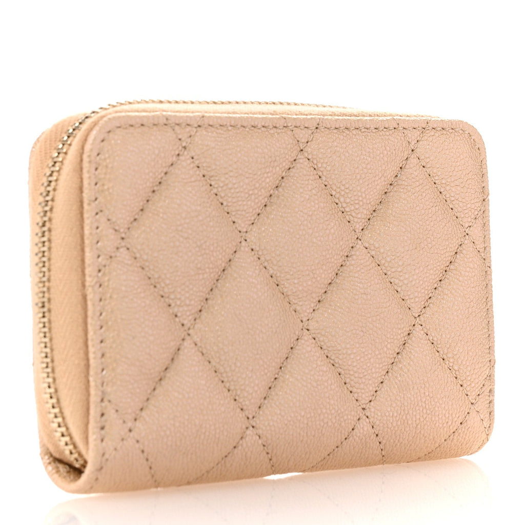 Iridescent Caviar Quilted Zip Around Coin Purse Beige
