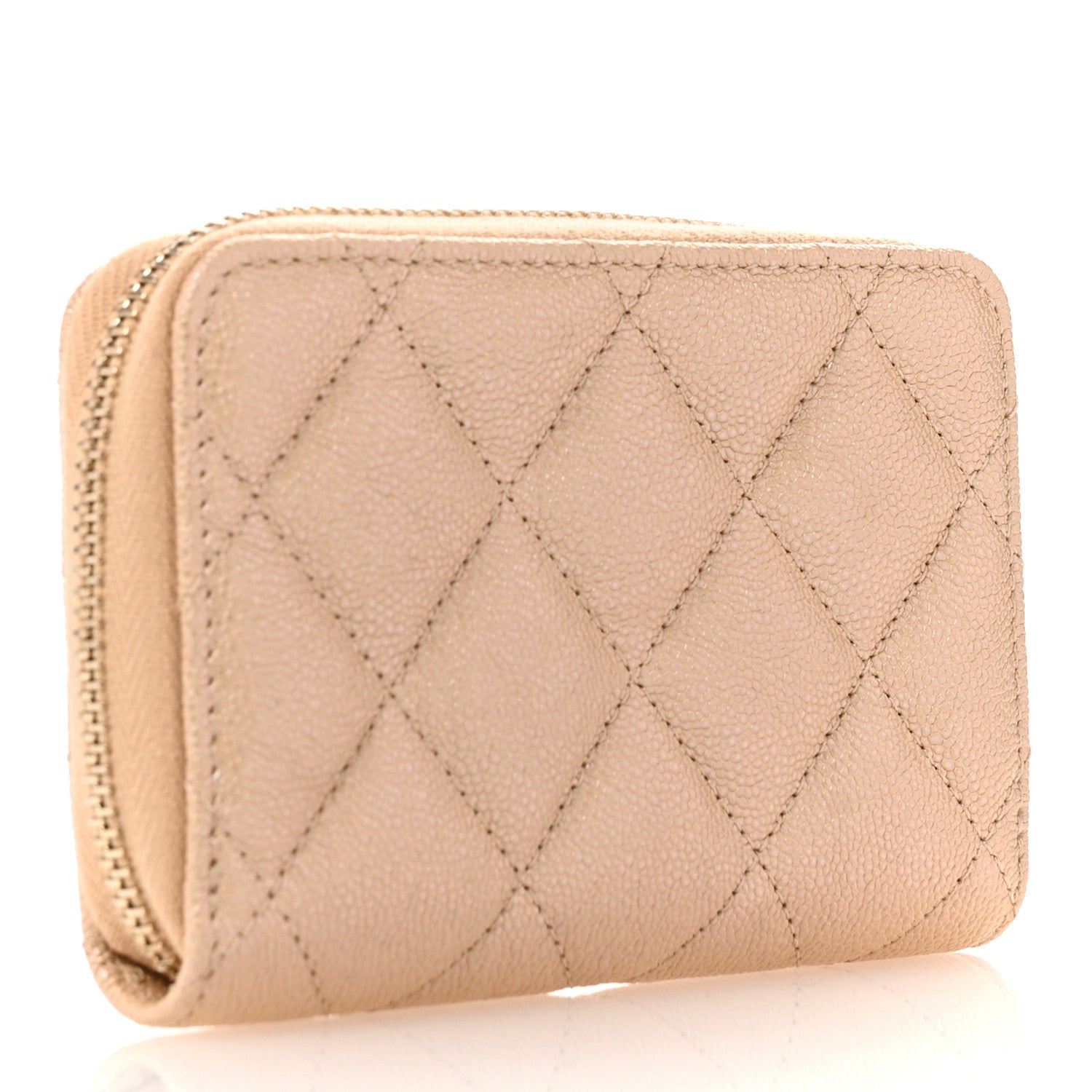 Iridescent Caviar Quilted Zip Around Coin Purse Beige