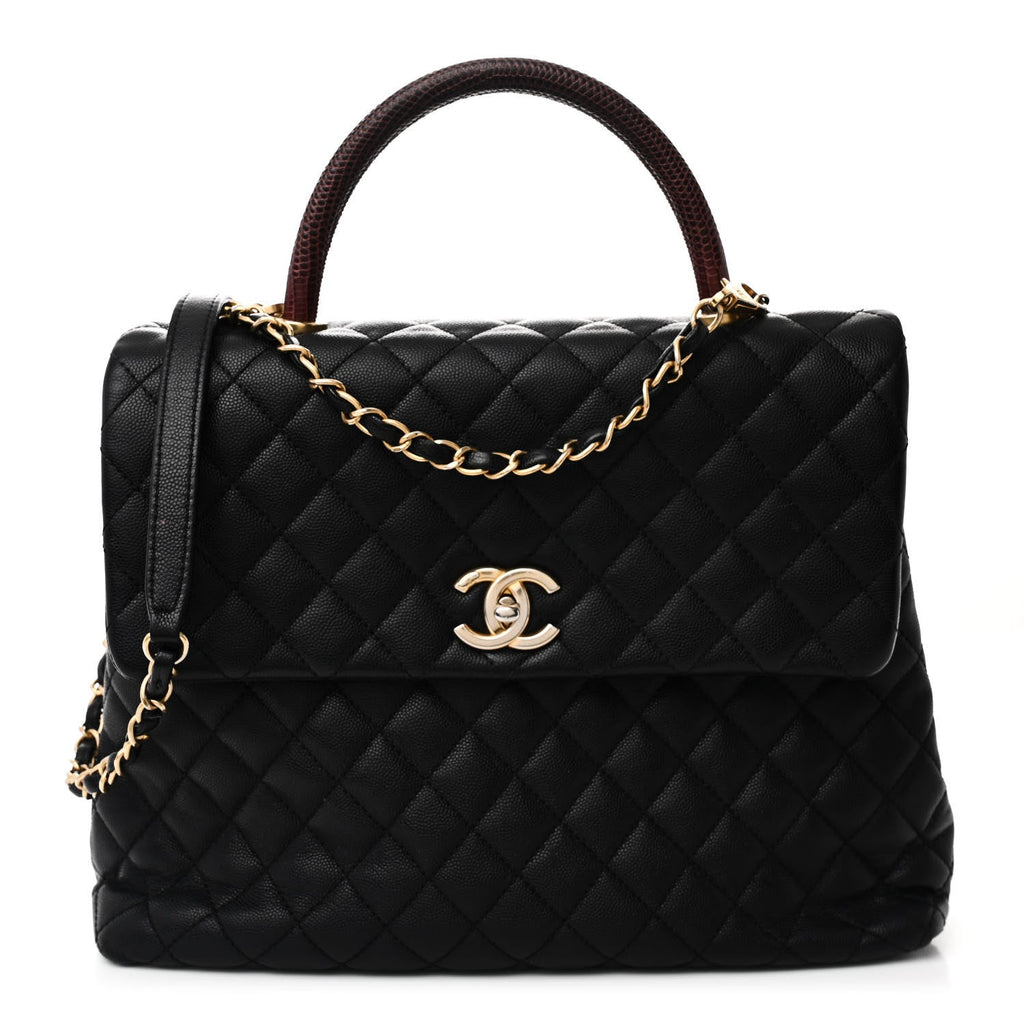 Caviar Lizard Quilted Large Coco Handle Flap Black