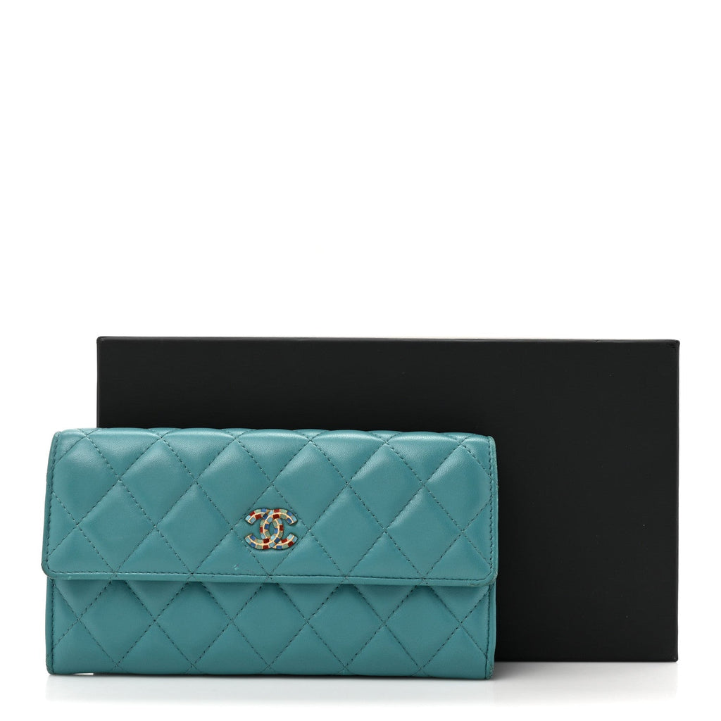 Lambskin Gripoix Quilted Gusset Flap Wallet Turquoise