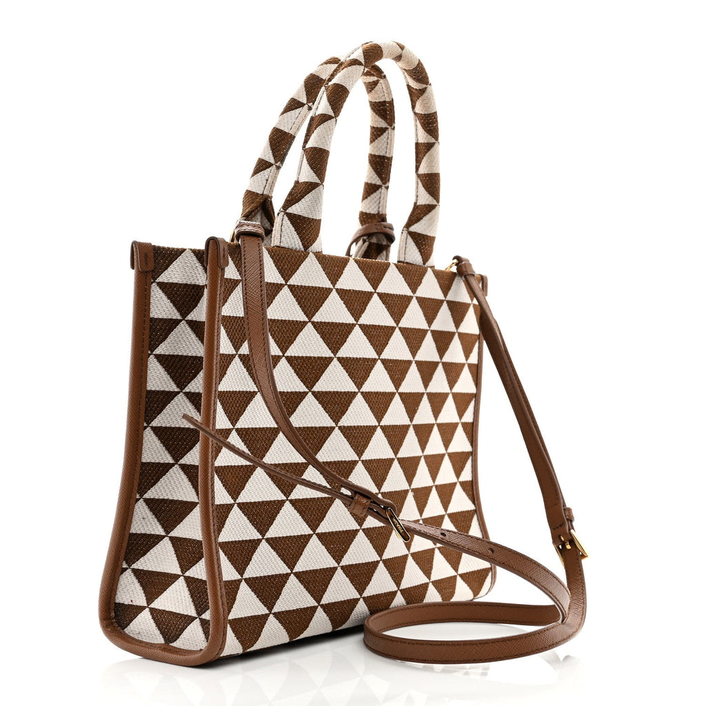 Jacquard Saffiano Triangolo Symbole Embroidered Small Tote Tobacco Talco