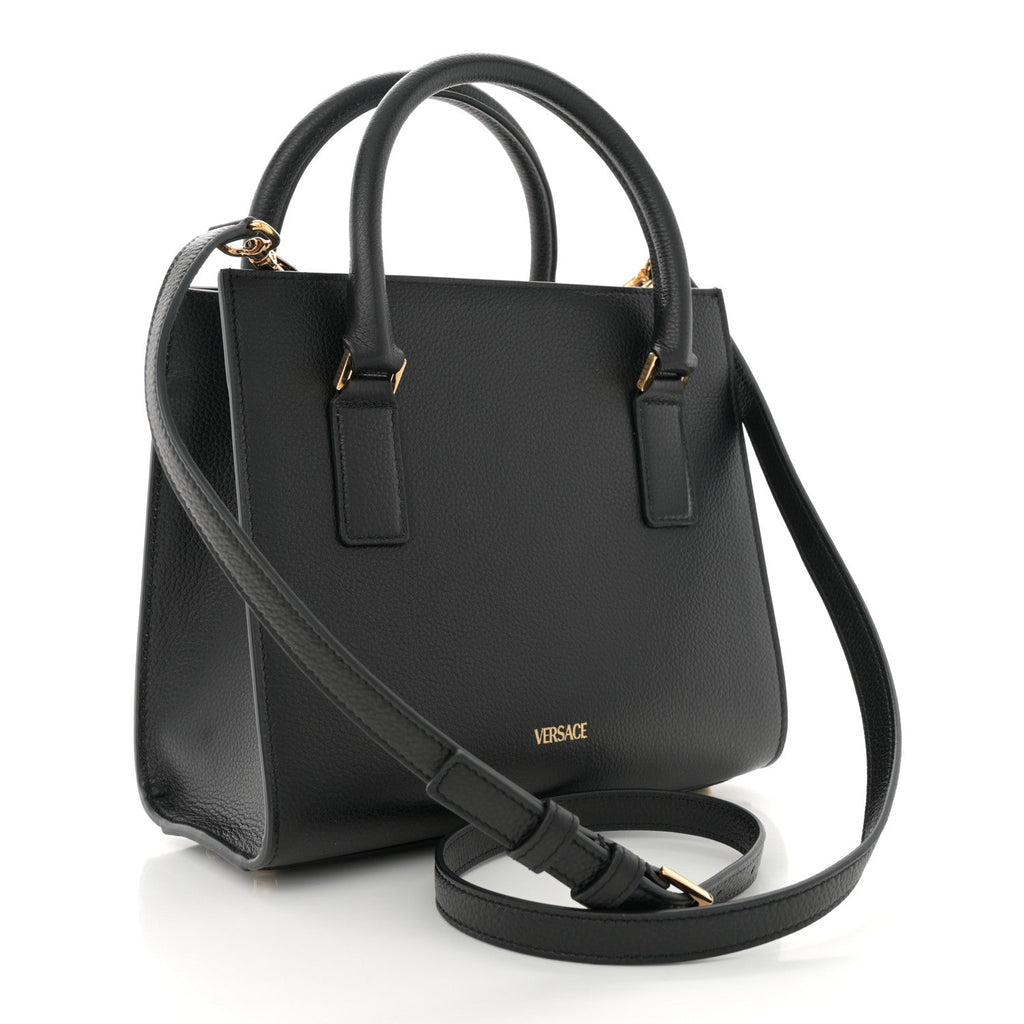 Grained Calfskin Snakeskin Embossed Virtus Top Handle Tote Black