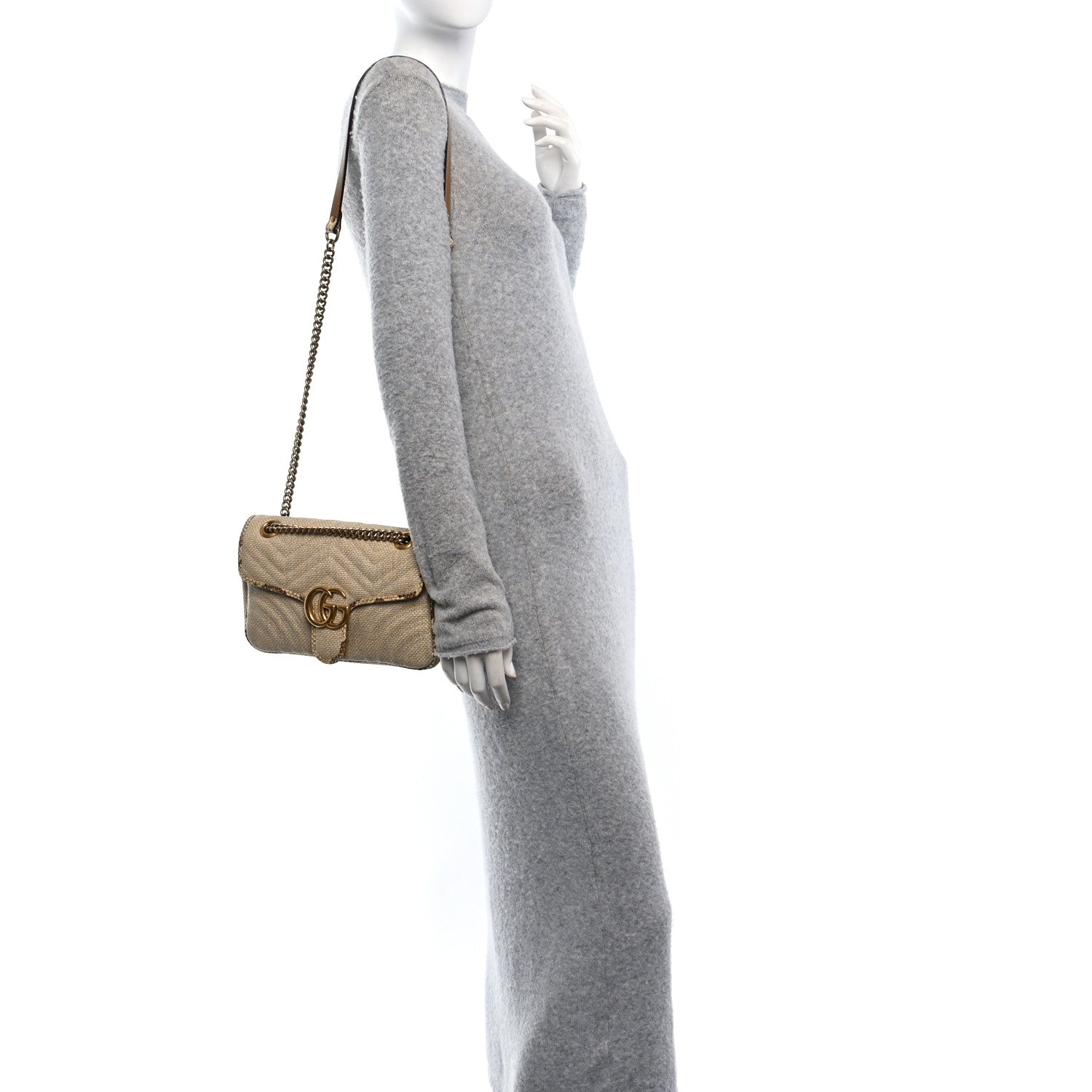 Raffia Elaphe Matelasse Small GG Marmont Shoulder Bag Natural Cream Brown