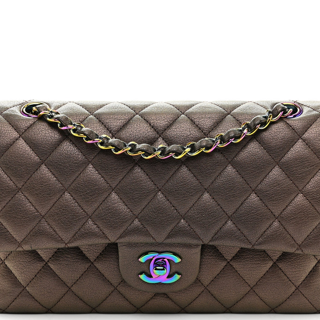 Iridescent Goatskin Quilted Medium Double Flap Bronze