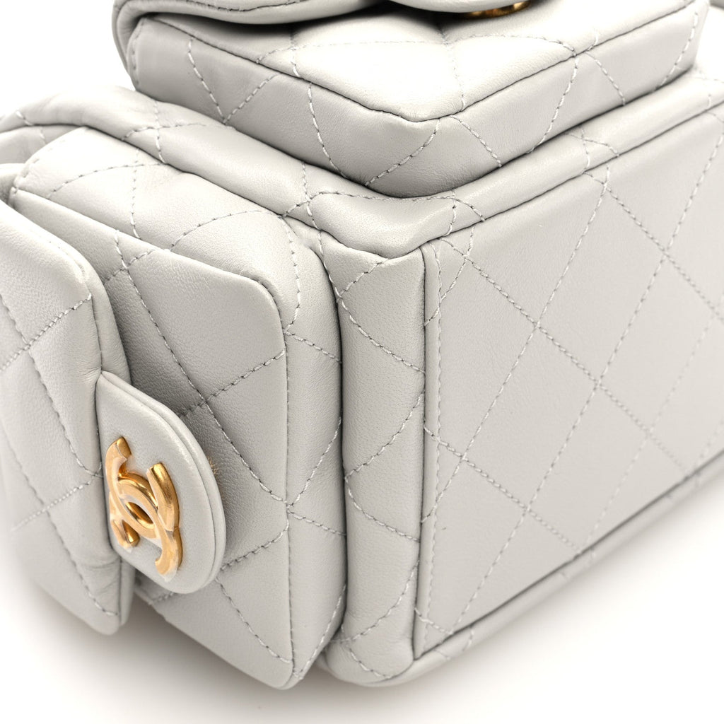 Shiny Lambskin Quilted Large Trendy Pockets Hobo Light Grey