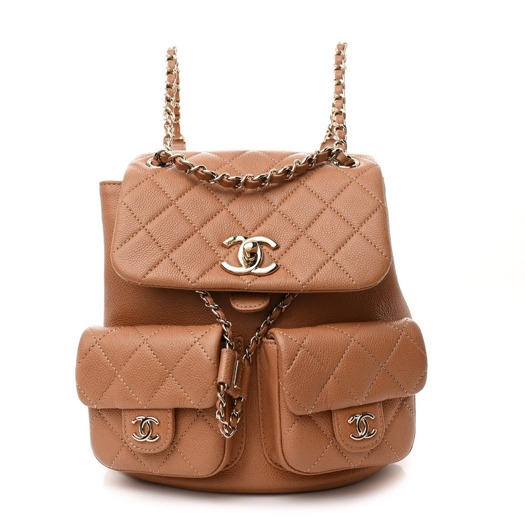 Shiny Caviar Quilted Small Duma Pockets Drawstring Backpack Dark Beige