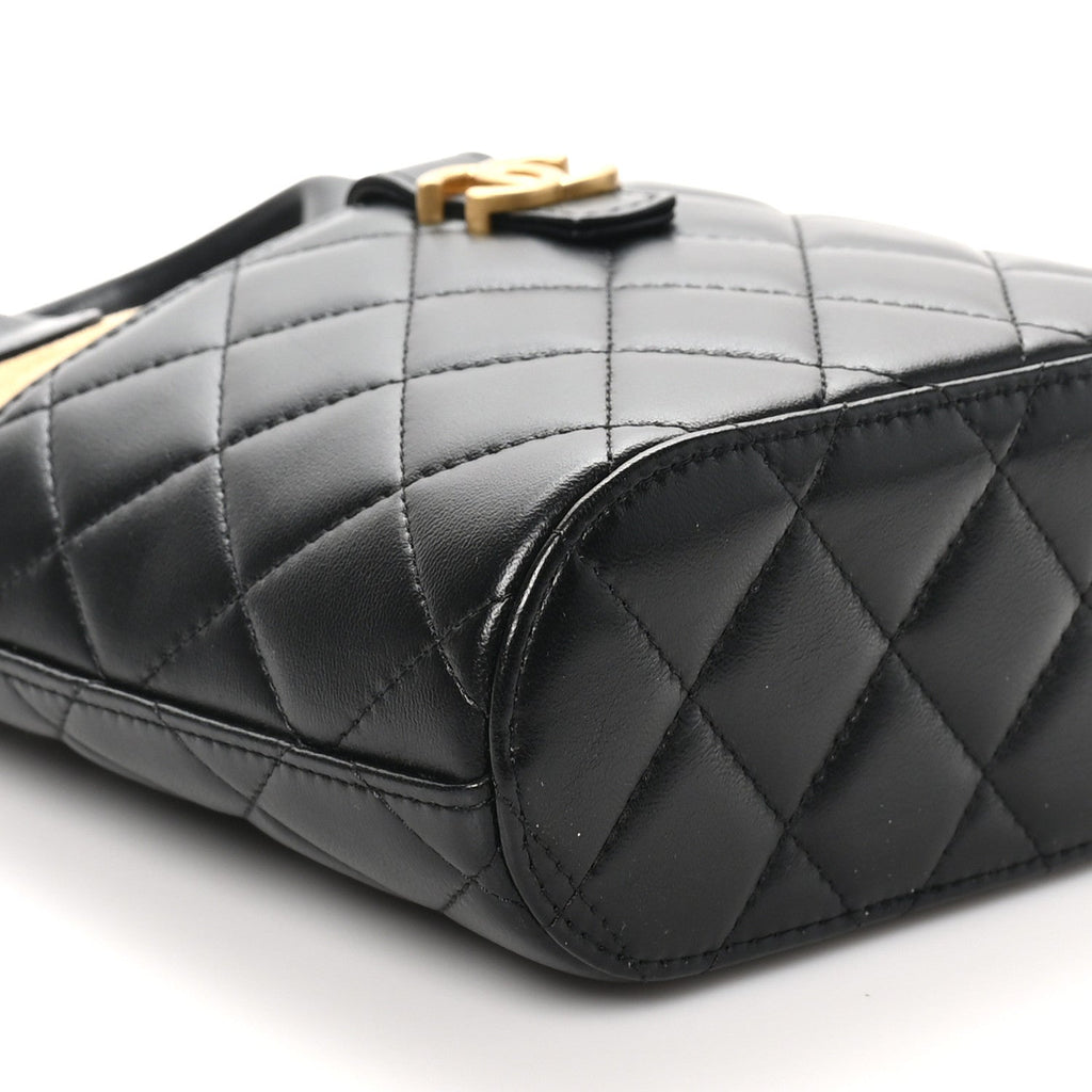 Suede Shiny Lambskin Quilted Top Handle Clutch With Chain Black Beige