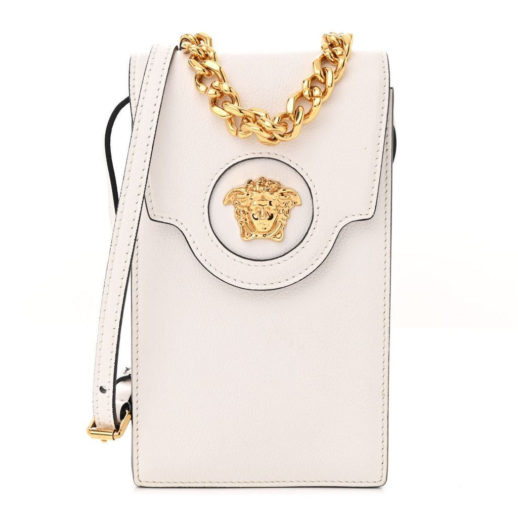 Calfskin La Medusa Chain Crossbody Phone Pouch White