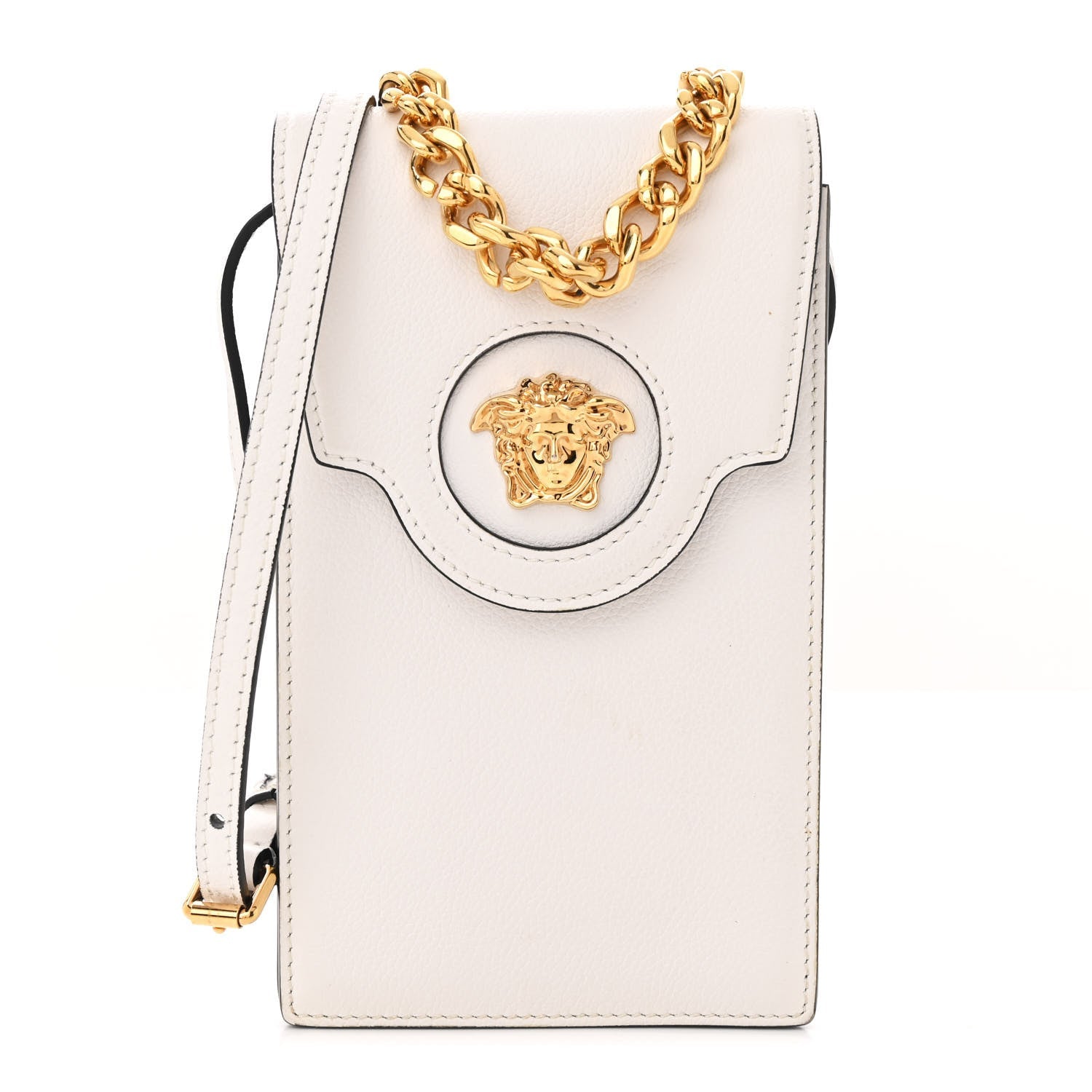 Calfskin La Medusa Chain Crossbody Phone Pouch White