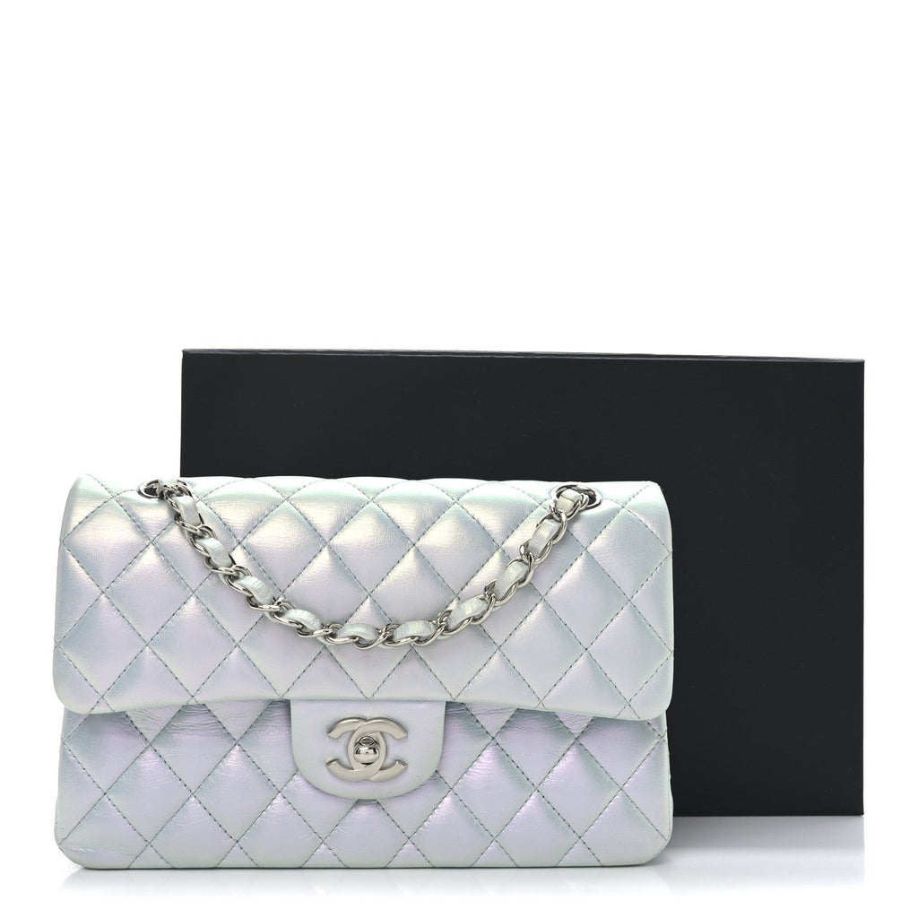 Iridescent Calfskin Quilted Small Double Flap Green
